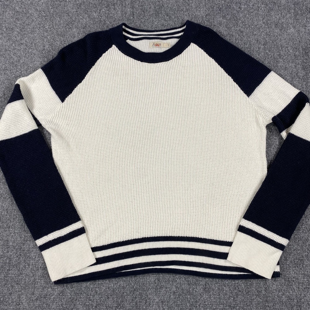 Faherty Throwback Sweater Womens Small White Navy Cotton Cashmere Knit Texture